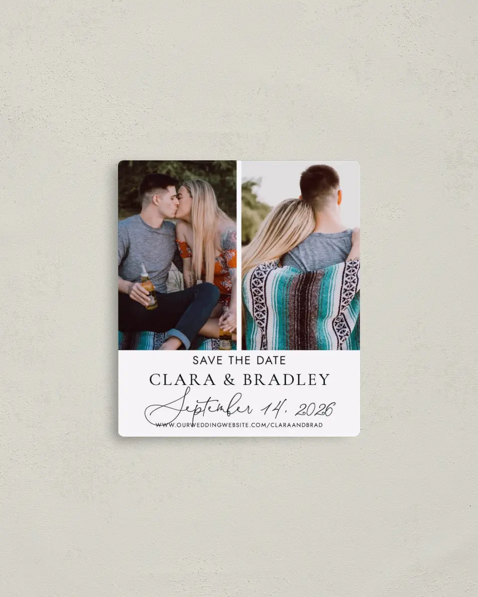 This is a 3½" x 4" Save the Date Magnet called Chic Intrigue printed in full color with a Luxe Satin finish