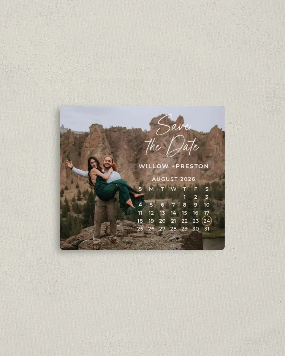This is a 3½" x 4" Save the Date Magnet called Delightful Date printed in full color with a Luxe Satin finish