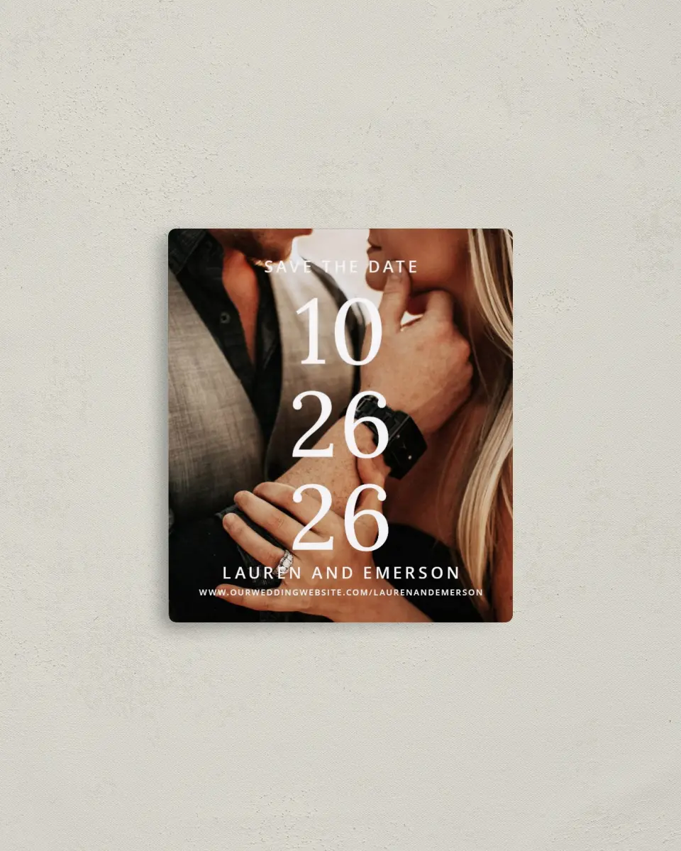 This is a 3½" x 4" Save the Date Magnet called Stacked Sophisticate printed in full color with a Luxe Satin finish