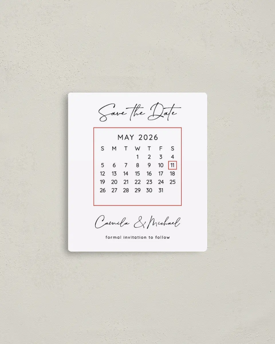 This is a 3½" x 4" Save the Date Magnet called Date Check printed in full color with a Luxe Satin finish