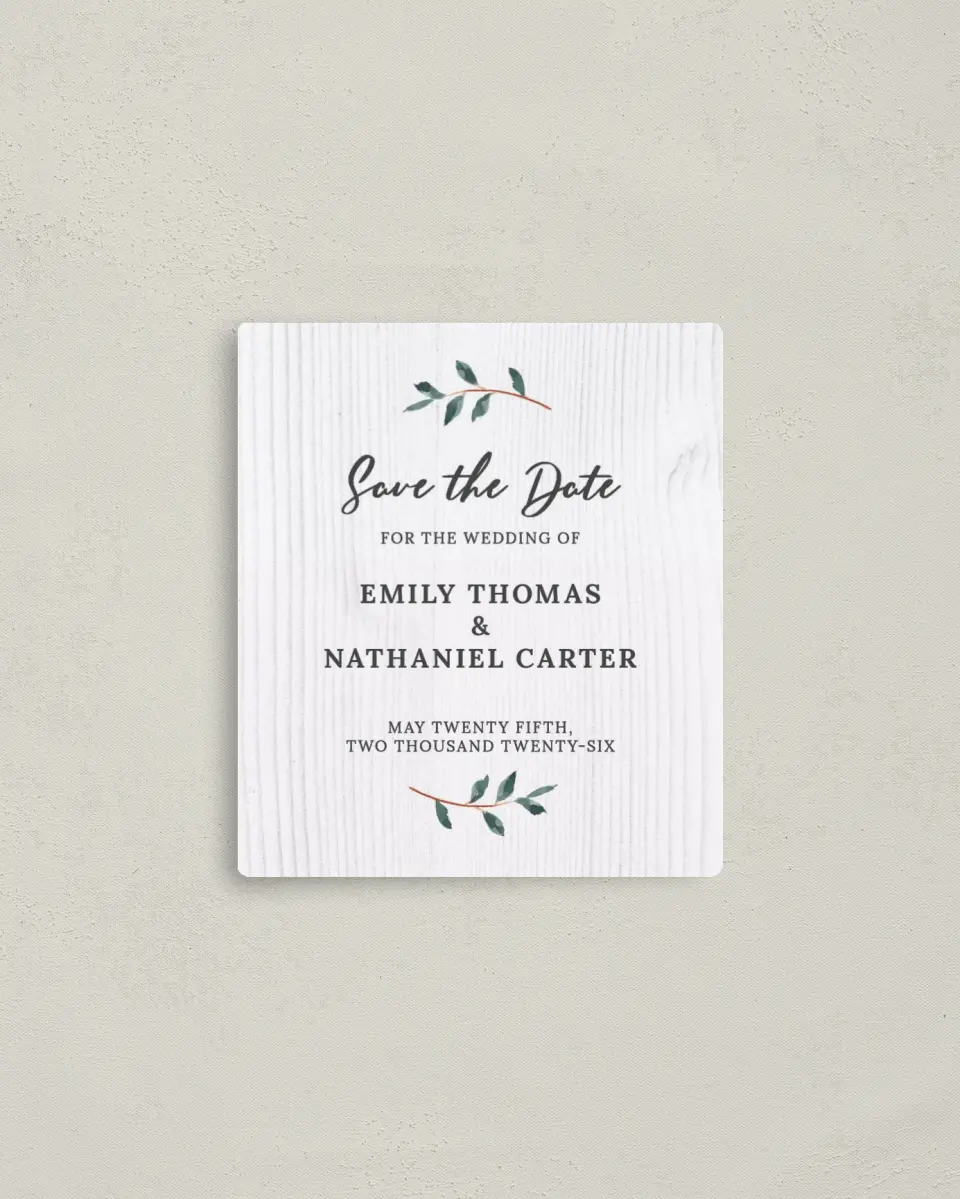 This is a 3½" x 4" Save the Date Magnet called Brushed Allure printed in full color with a Luxe Satin finish