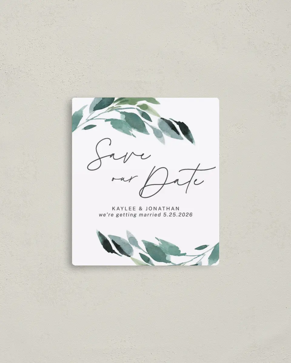 This is a 3½" x 4" Save the Date Magnet called Gorgeous Greens printed in full color with a Luxe Satin finish