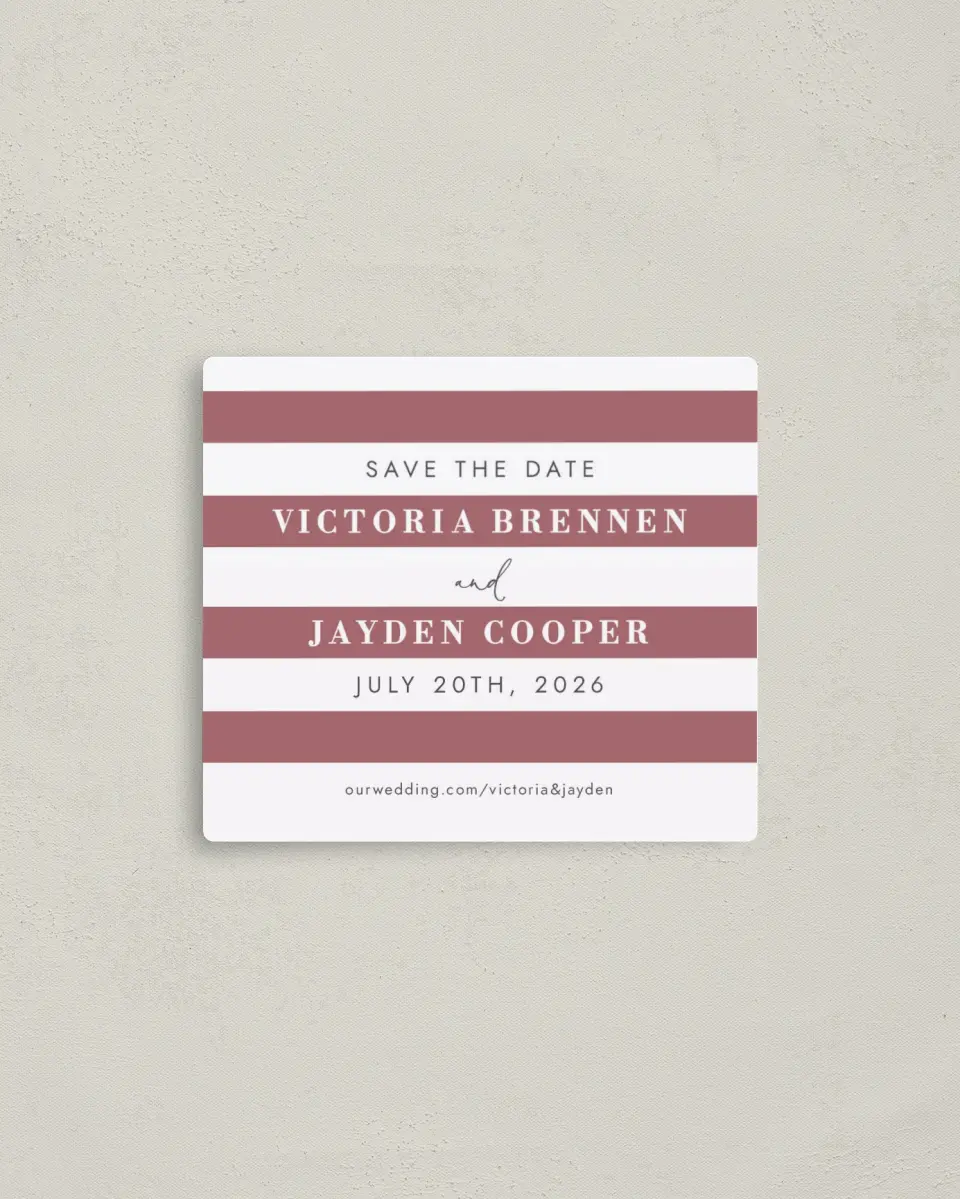 This is a 3½" x 4" Save the Date Magnet called Striped Savvy printed in full color with a Luxe Satin finish