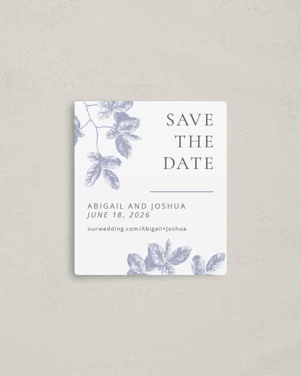 This is a 3½" x 4" Save the Date Magnet called Leafy Elegance printed in full color with a Luxe Satin finish