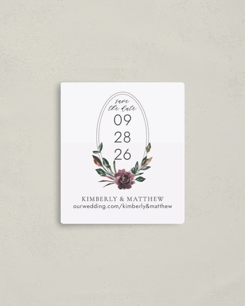 This is a 3½" x 4" Save the Date Magnet called Hooped Allure printed in full color with a Luxe Satin finish