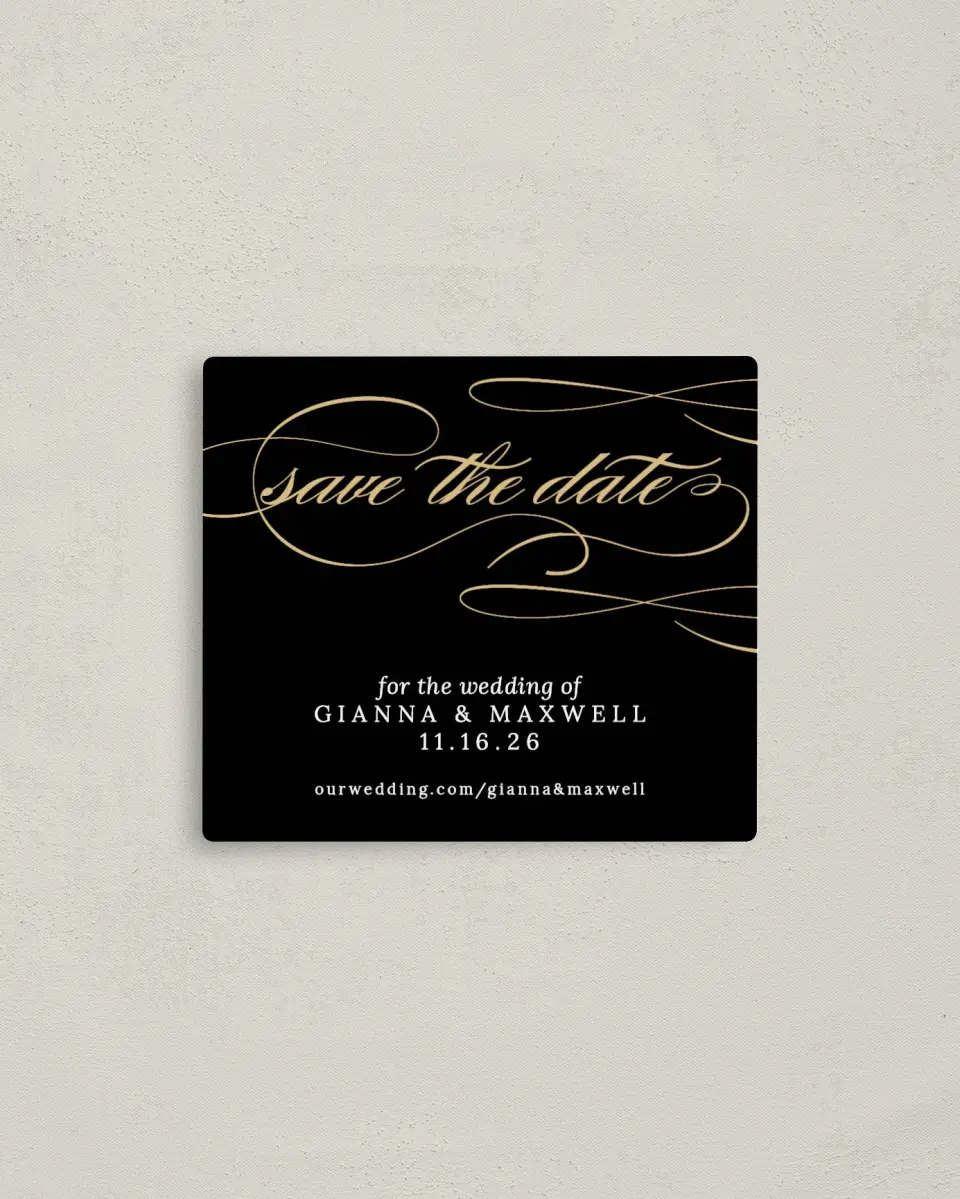 This is a 3½" x 4" Save the Date Magnet called Fabulous Flourish printed in full color with a Luxe Satin finish