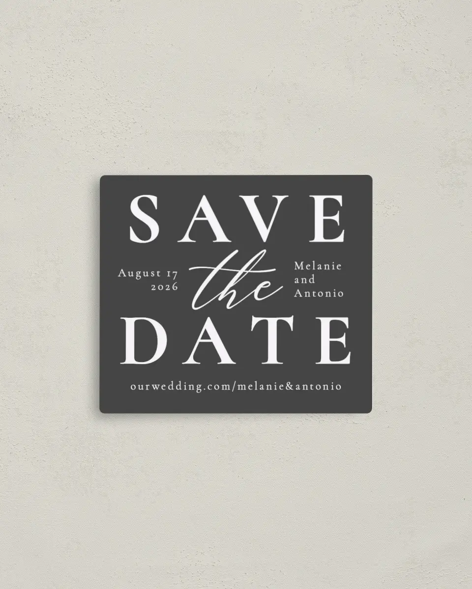 This is a 3½" x 4" Save the Date Magnet called Simply Put printed in full color with a Luxe Satin finish
