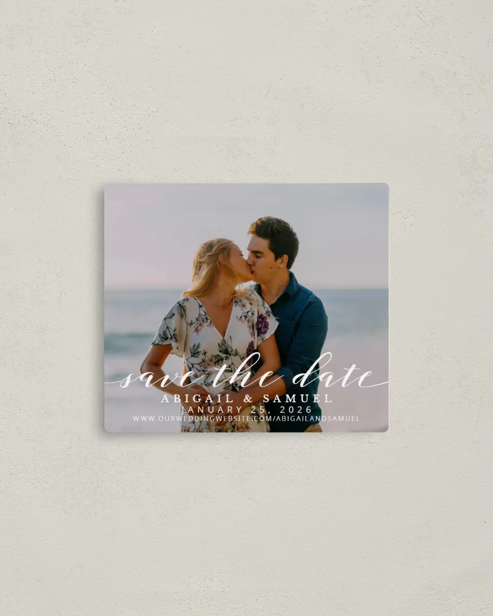 This is a 3½" x 4" Save the Date Magnet called Timeless Eloquence printed in full color with a Luxe Satin finish