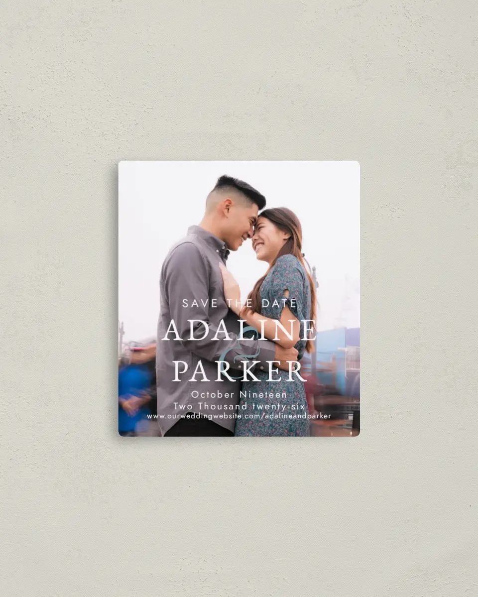 This is a 3½" x 4" Save the Date Magnet called By My Side printed in full color with a Luxe Satin finish