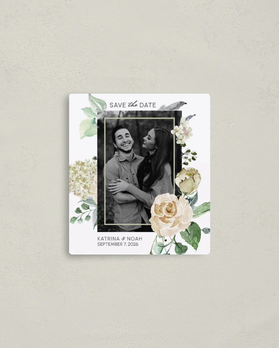 This is a 3½" x 4" Save the Date Magnet called Divine Romance printed in full color with a Luxe Satin finish