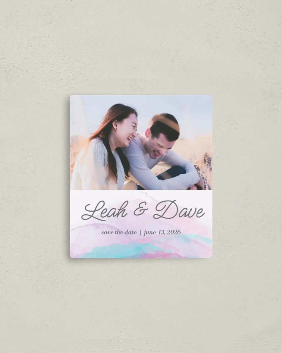 This is a 3½" x 4" Save the Date Magnet called Joyful Enchantment printed in full color with Rose Gold foil and a Luxe Satin finish