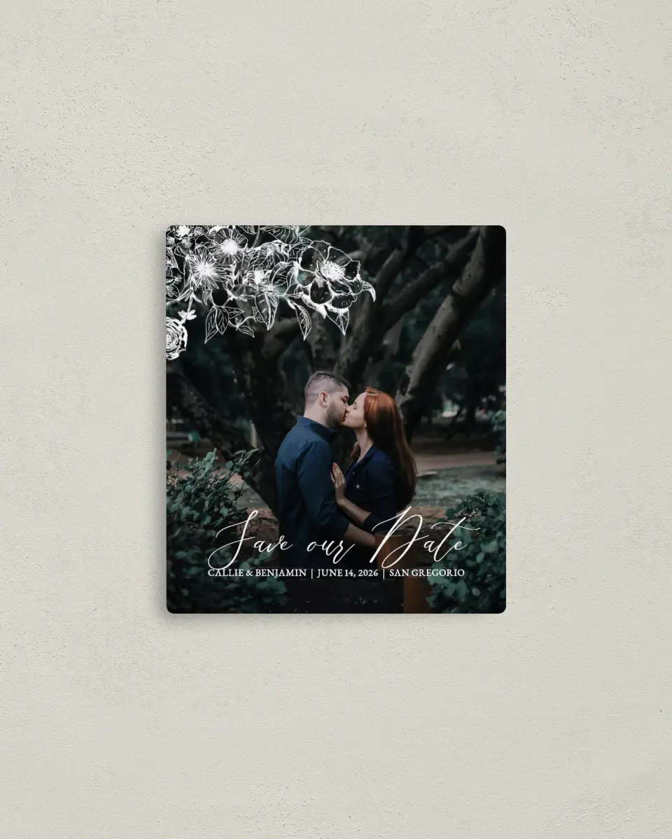 This is a 3½" x 4" Save the Date Magnet called Gentle Bouquet printed in full color with a Luxe Satin finish