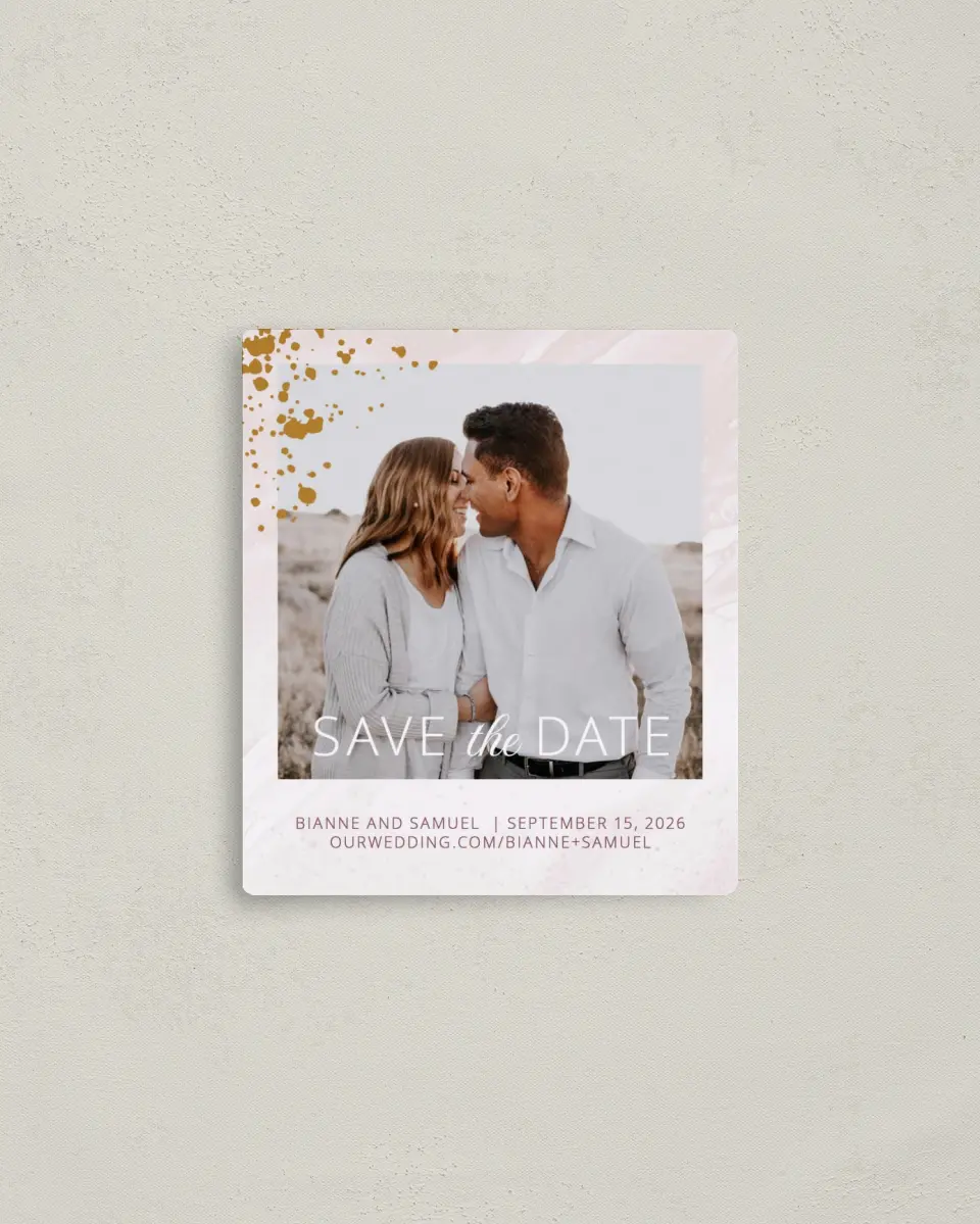 This is a 3½" x 4" Save the Date Magnet called Tender Mist printed in full color with a Luxe Satin finish