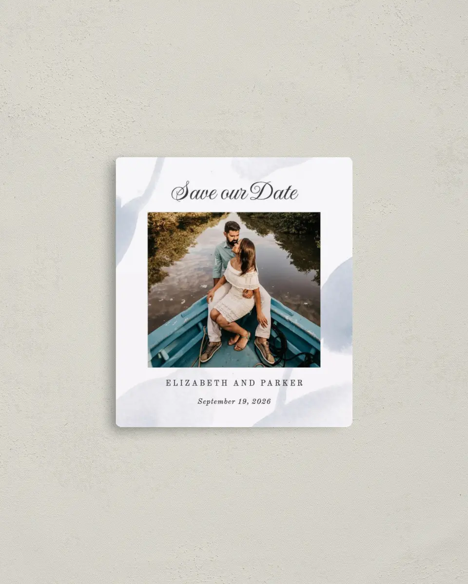 This is a 3½" x 4" Save the Date Magnet called Painted Majesty printed in full color with a Luxe Satin finish