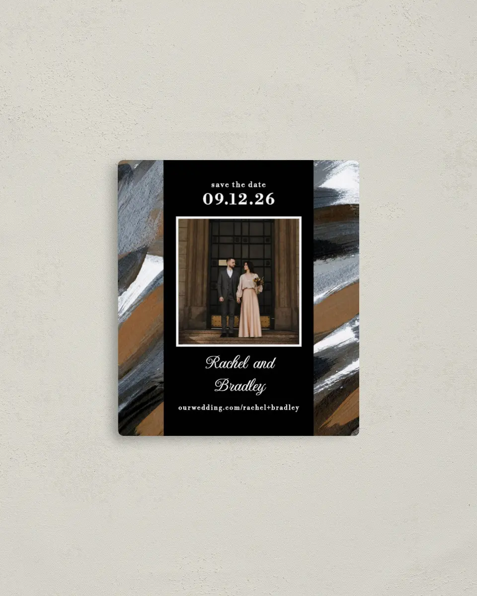 This is a 3½" x 4" Save the Date Magnet called Moody Swashes printed in full color with a Luxe Satin finish