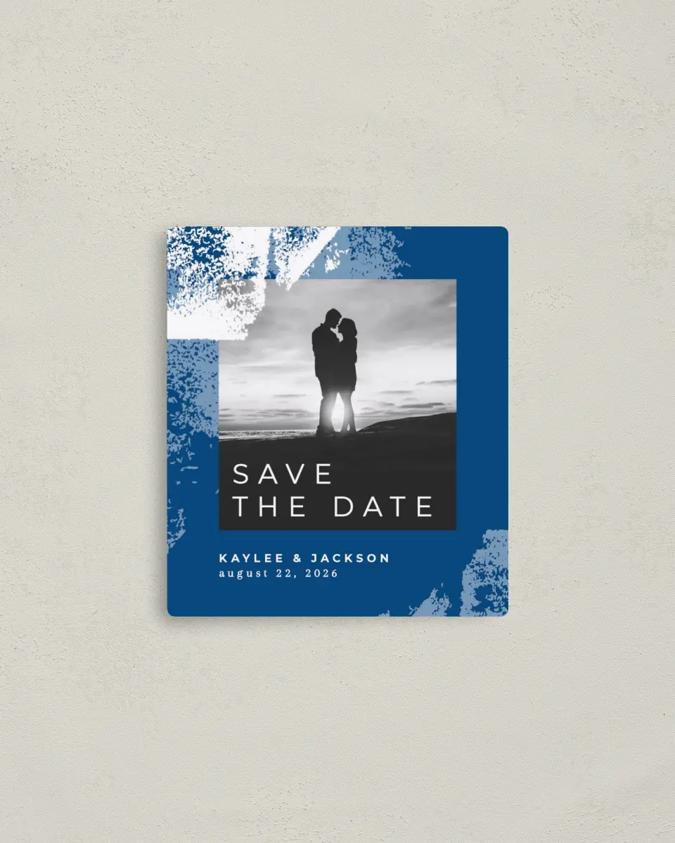 This is a 3½" x 4" Save the Date Magnet called Set in Stone printed in full color with a Luxe Satin finish