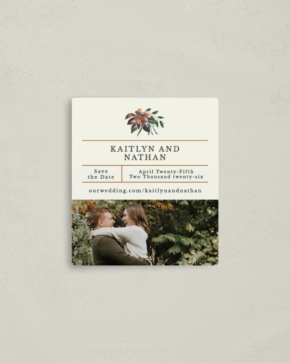 This is a 3½" x 4" Save the Date Magnet called Golden Blooms printed in full color with a Luxe Satin finish