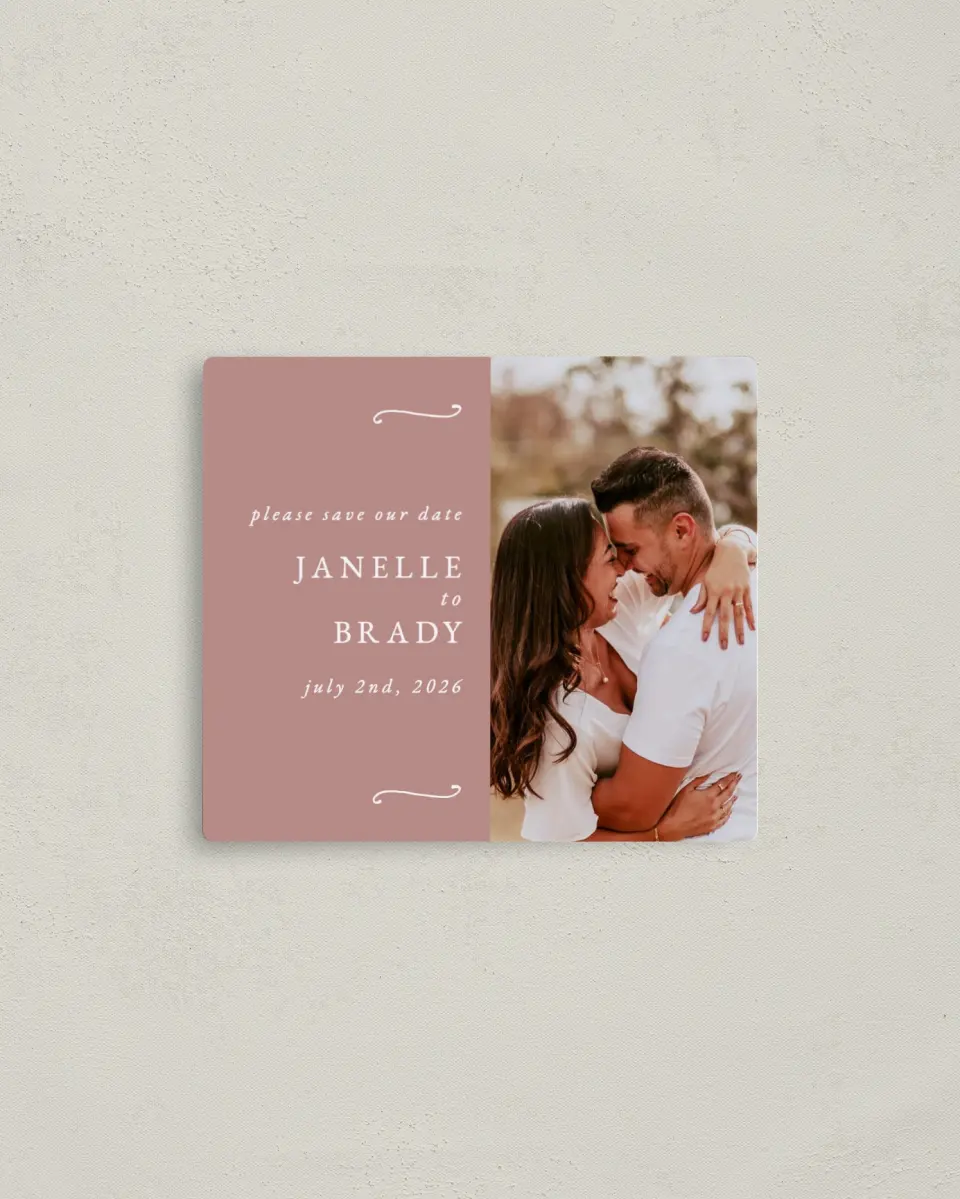 This is a 3½" x 4" Save the Date Magnet called Modern Whisper printed in full color with a Luxe Satin finish