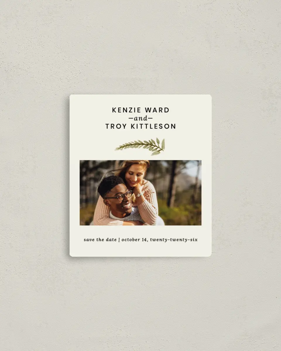This is a 3½" x 4" Save the Date Magnet called Faintly Fall printed in full color with a Luxe Satin finish