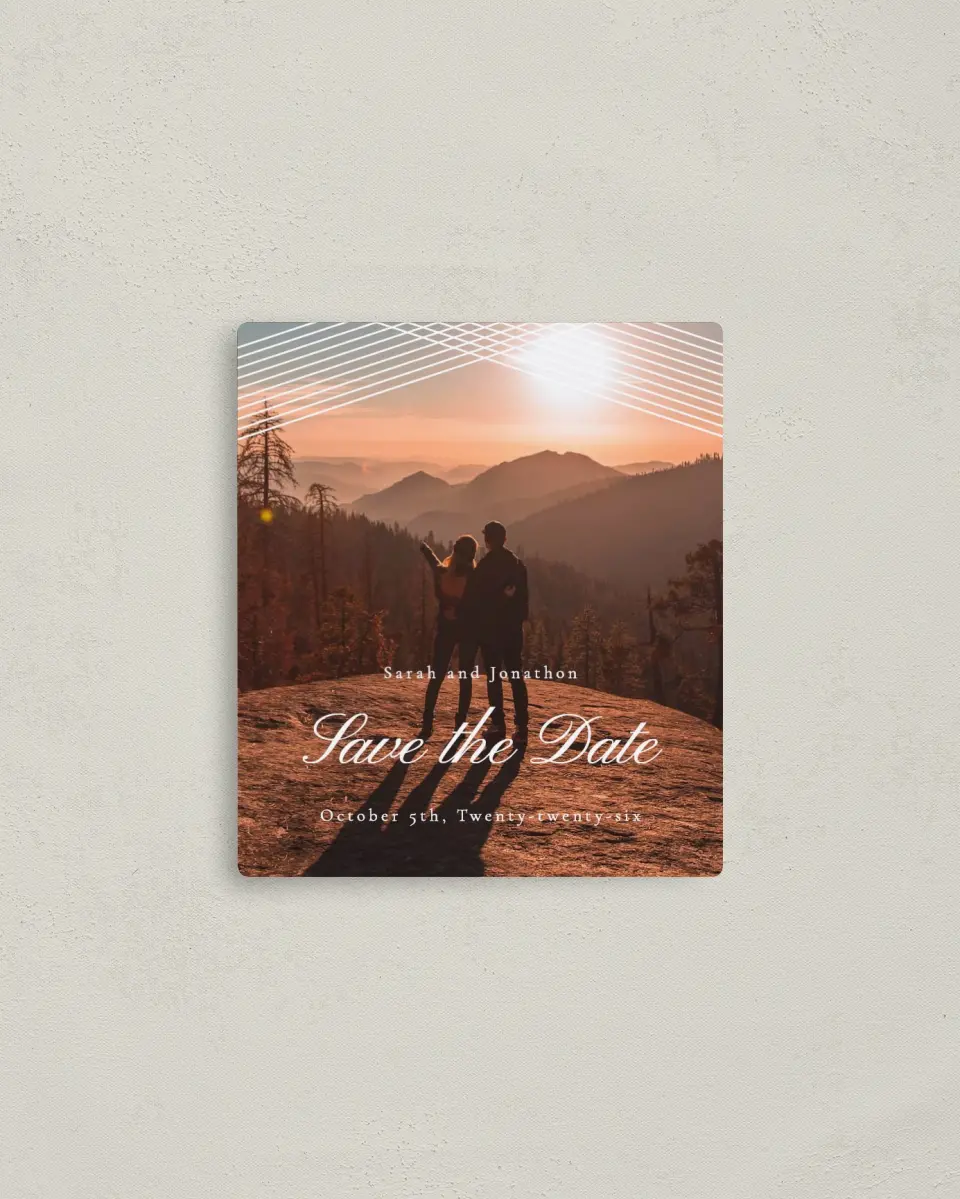 This is a 3½" x 4" Save the Date Magnet called Dearest Lines printed in full color with a Luxe Satin finish