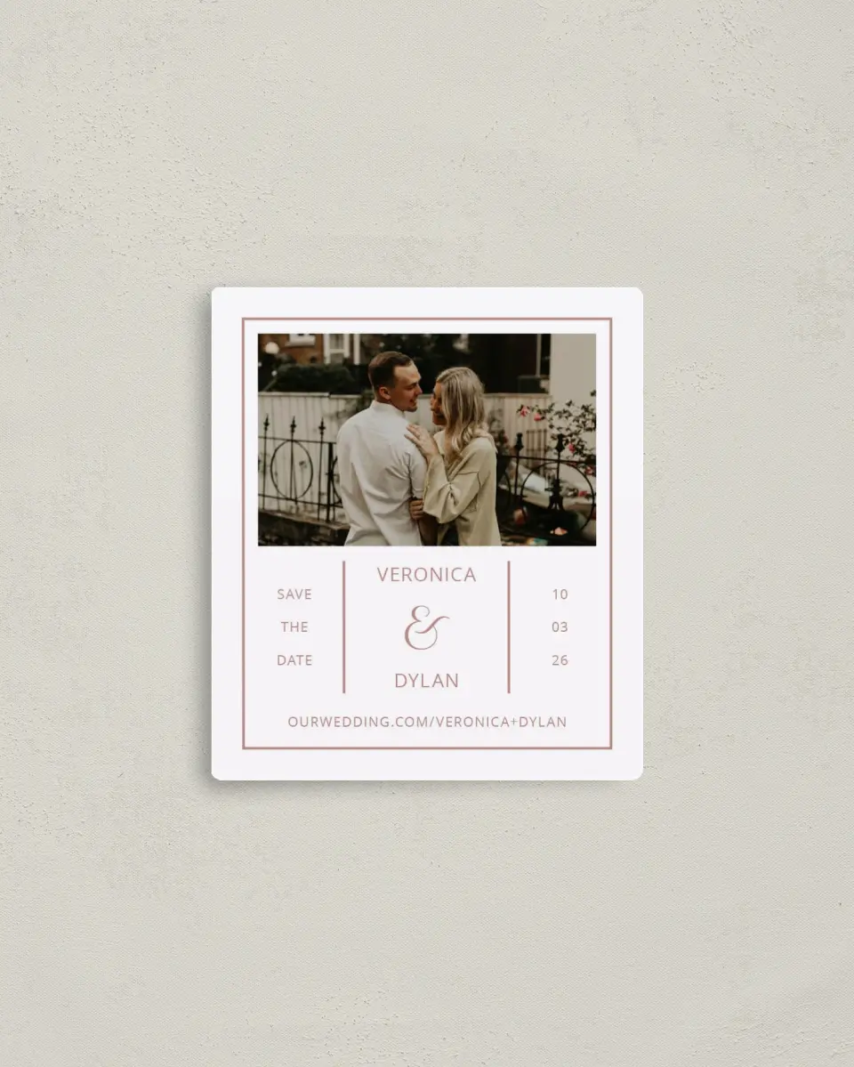 This is a 3½" x 4" Save the Date Magnet called Neat Arrangement printed in full color with a Luxe Satin finish
