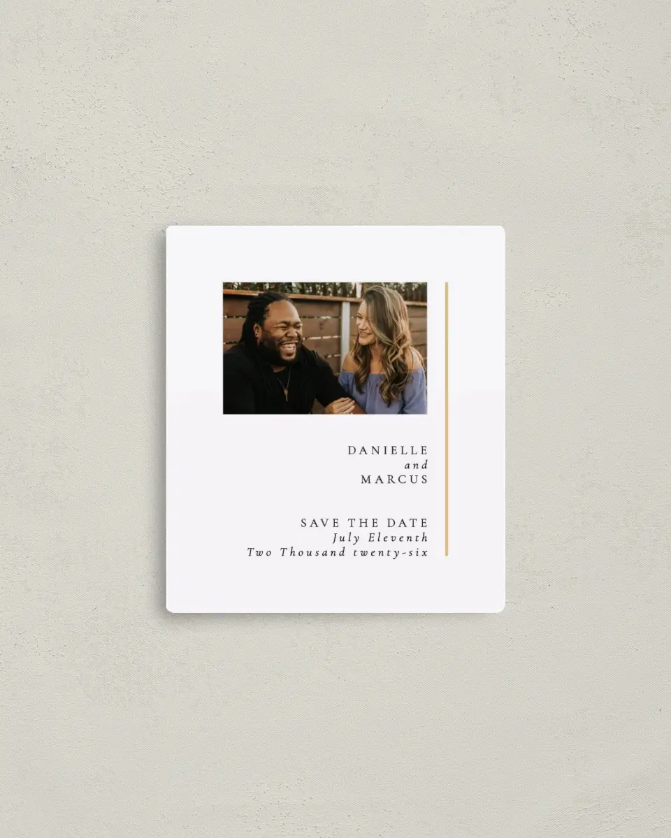 This is a 3½" x 4" Save the Date Magnet called Laughing Hearts printed in full color with a Luxe Satin finish
