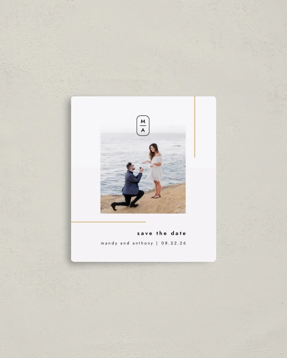 This is a 3½" x 4" Save the Date Magnet called The Proposal printed in full color with a Luxe Satin finish