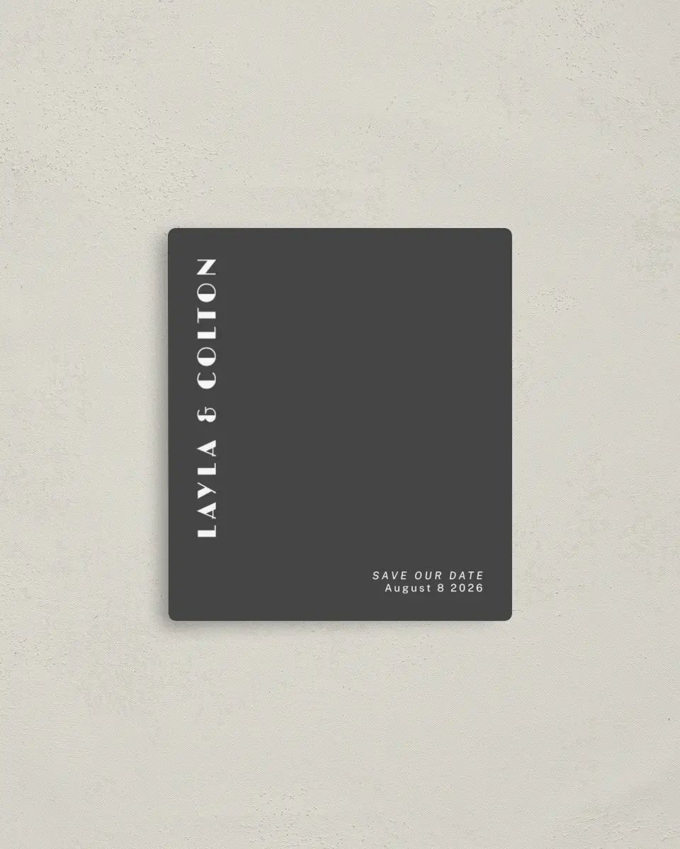 This is a 3½" x 4" Save the Date Magnet called Boldly Forward printed in full color with a Luxe Satin finish