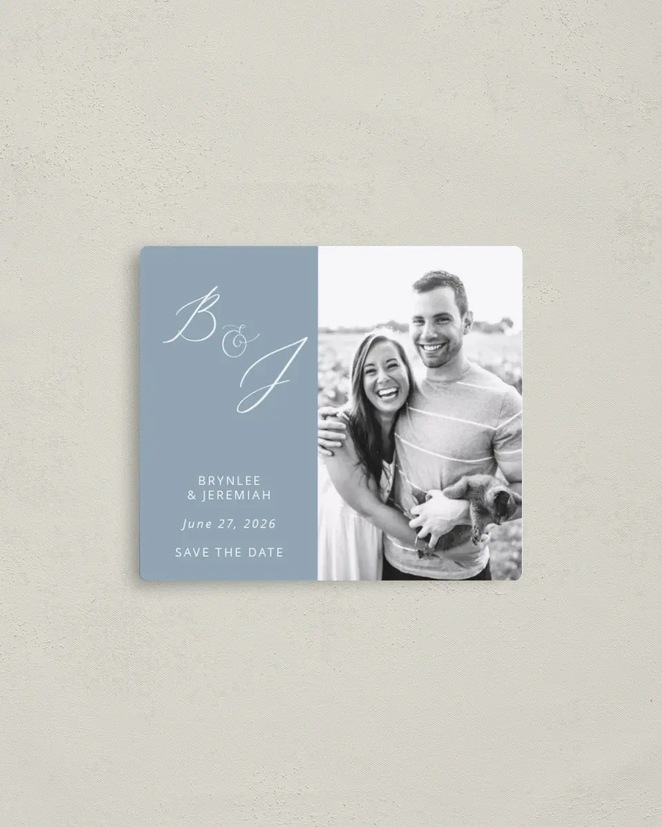 This is a 3½" x 4" Save the Date Magnet called Simple Embrace printed in full color with a Luxe Satin finish