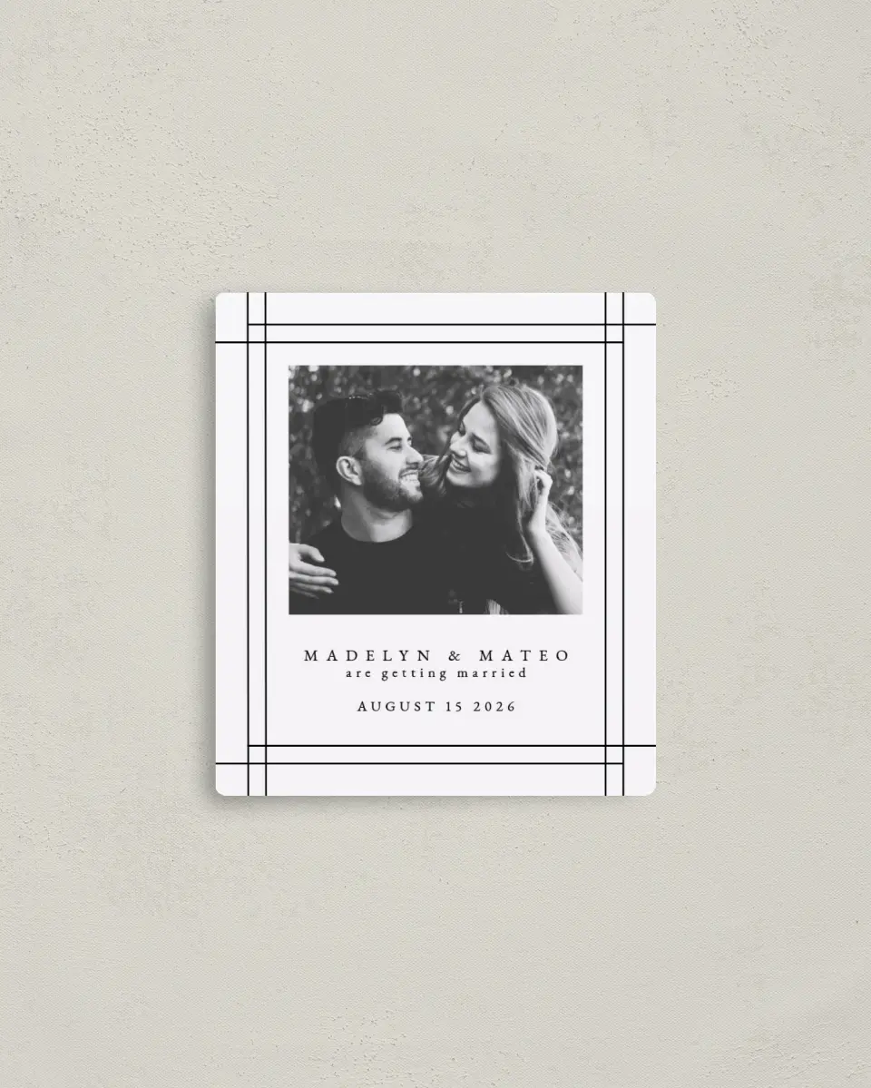 This is a 3½" x 4" Save the Date Magnet called Mod Frame printed in full color with a Luxe Satin finish