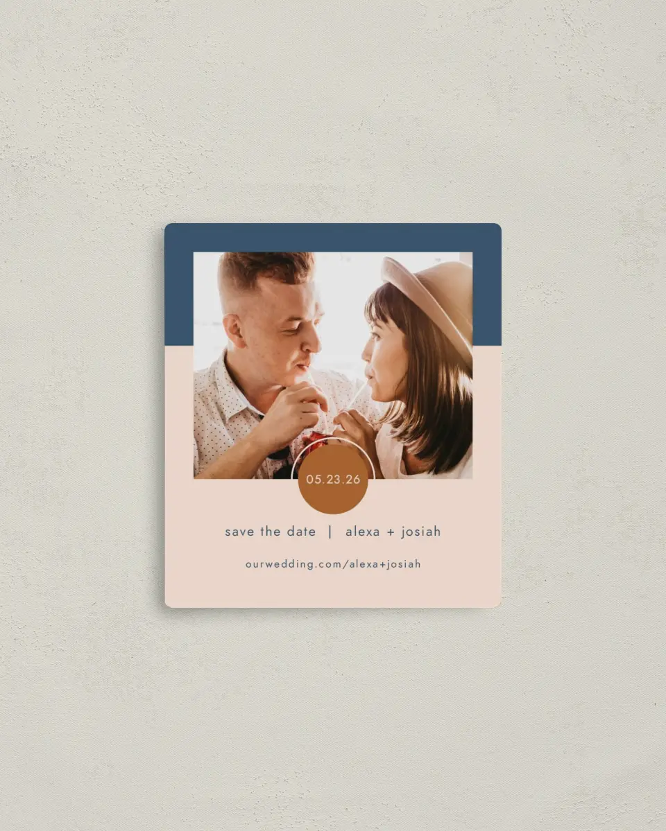 This is a 3½" x 4" Save the Date Magnet called Our Beginning printed in full color with a Luxe Satin finish