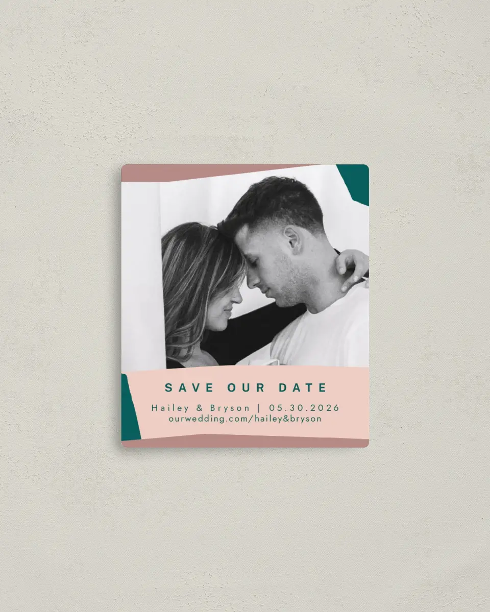This is a 3½" x 4" Save the Date Magnet called Shaped Love printed in full color with a Luxe Satin finish