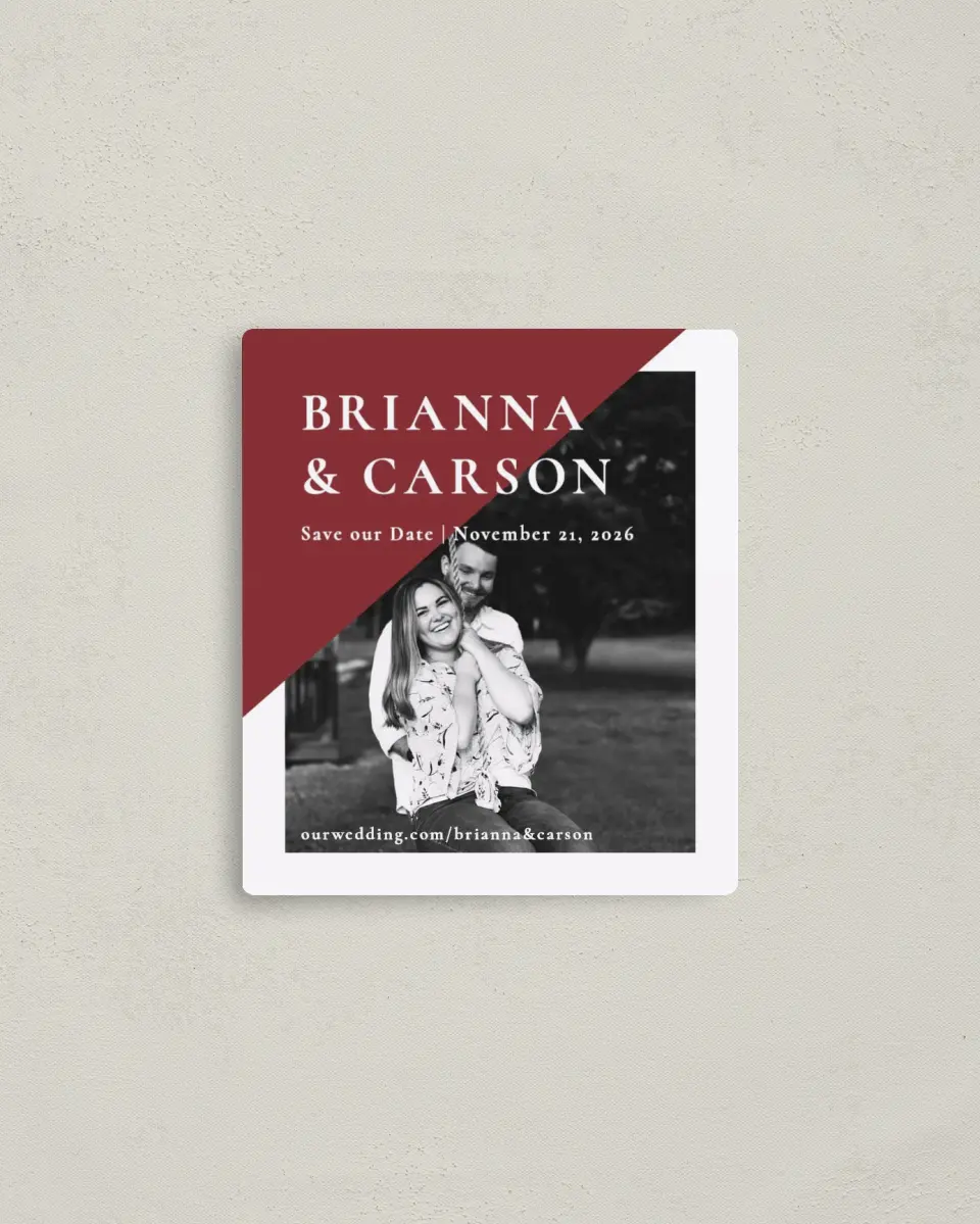 This is a 3½" x 4" Save the Date Magnet called Bold Banner printed in full color with a Luxe Satin finish