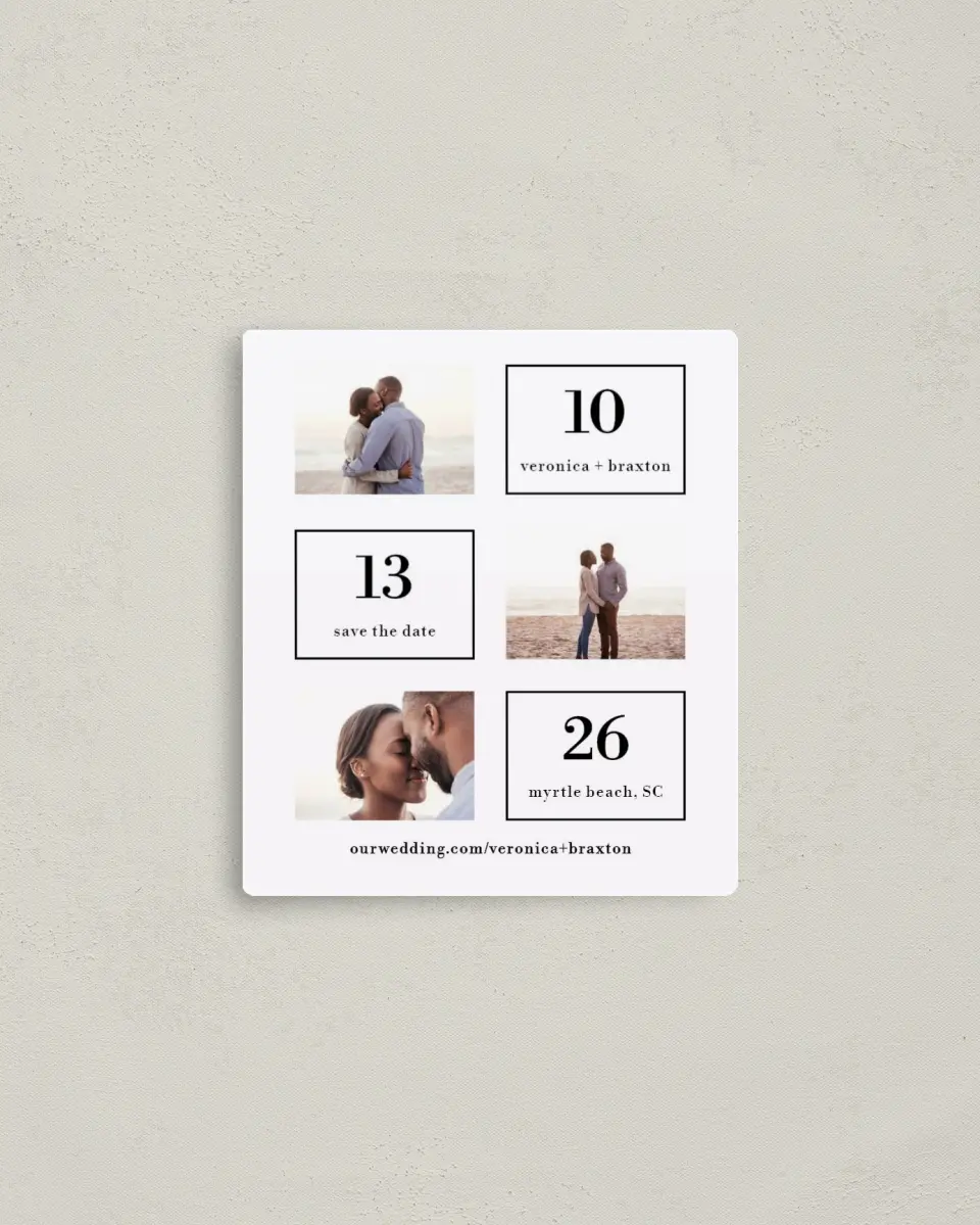 This is a 3½" x 4" Save the Date Magnet called Stacked Squares printed in full color with a Luxe Satin finish