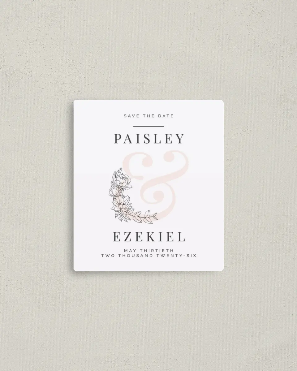 This is a 3½" x 4" Save the Date Magnet called Floral Outline printed in full color with a Luxe Satin finish