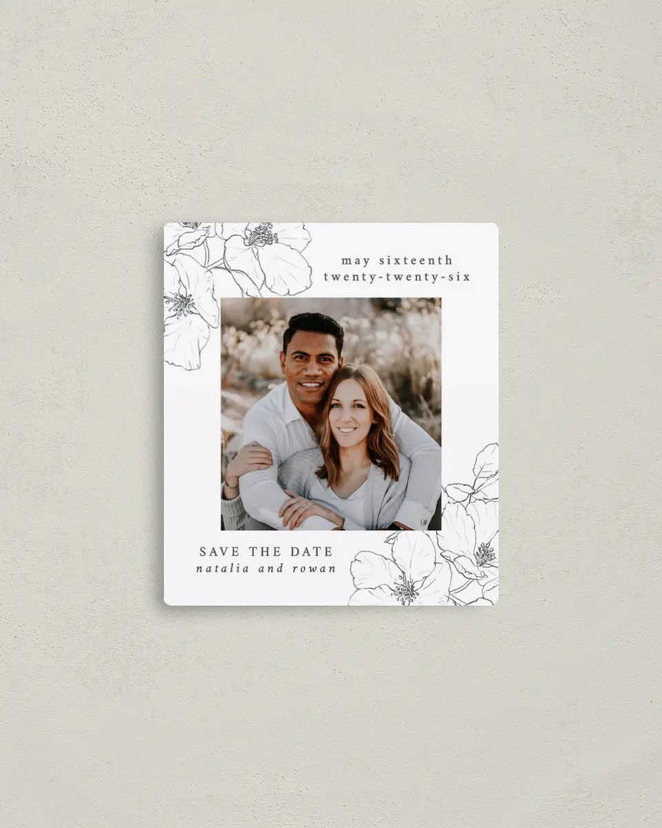 This is a 3½" x 4" Save the Date Magnet called Hibiscus Hideaway printed in full color with a Luxe Satin finish