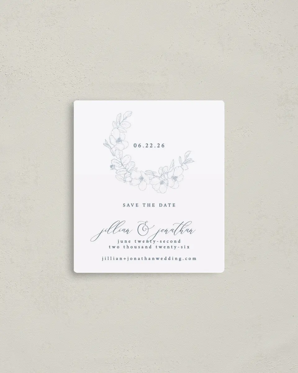 This is a 3½" x 4" Save the Date Magnet called Floral Sketch printed in full color with a Luxe Satin finish