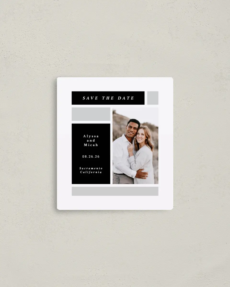 This is a 3½" x 4" Save the Date Magnet called Framed Boxes printed in full color with a Luxe Satin finish
