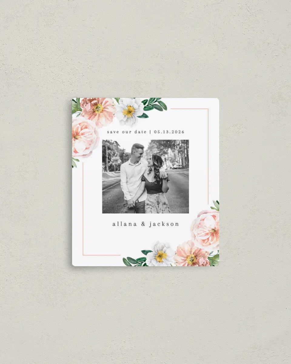 This is a 3½" x 4" Save the Date Magnet called Delicate Florals printed in full color with a Luxe Satin finish