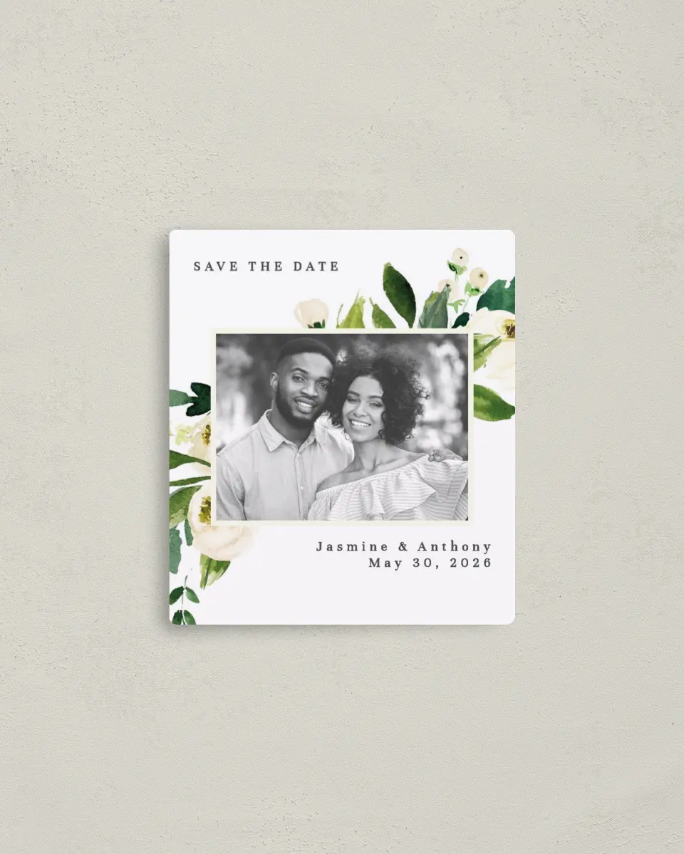 This is a 3½" x 4" Save the Date Magnet called Wedding Florals printed in full color with a Luxe Satin finish