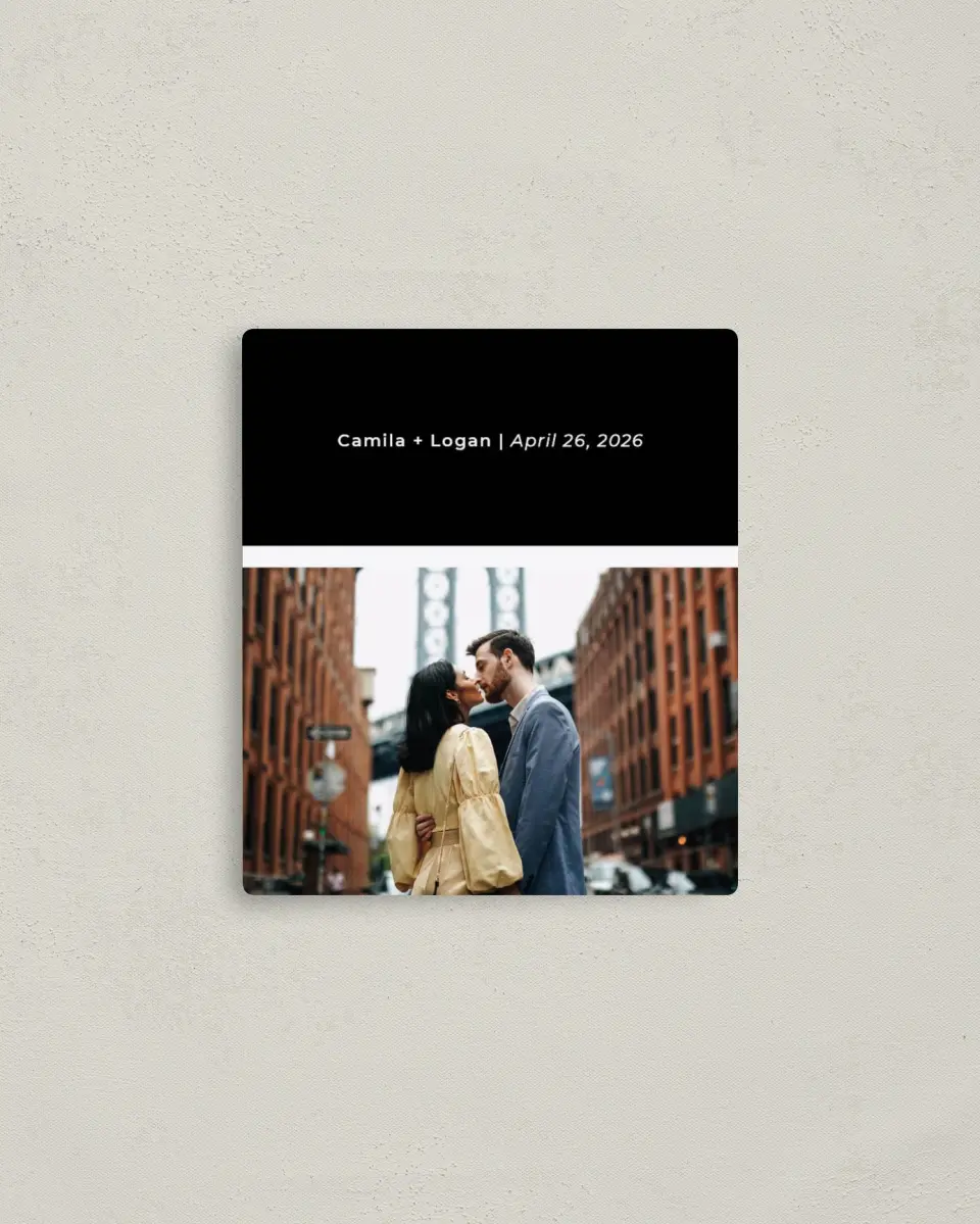 This is a 3½" x 4" Save the Date Magnet called Bold Heading printed in full color with a Luxe Satin finish