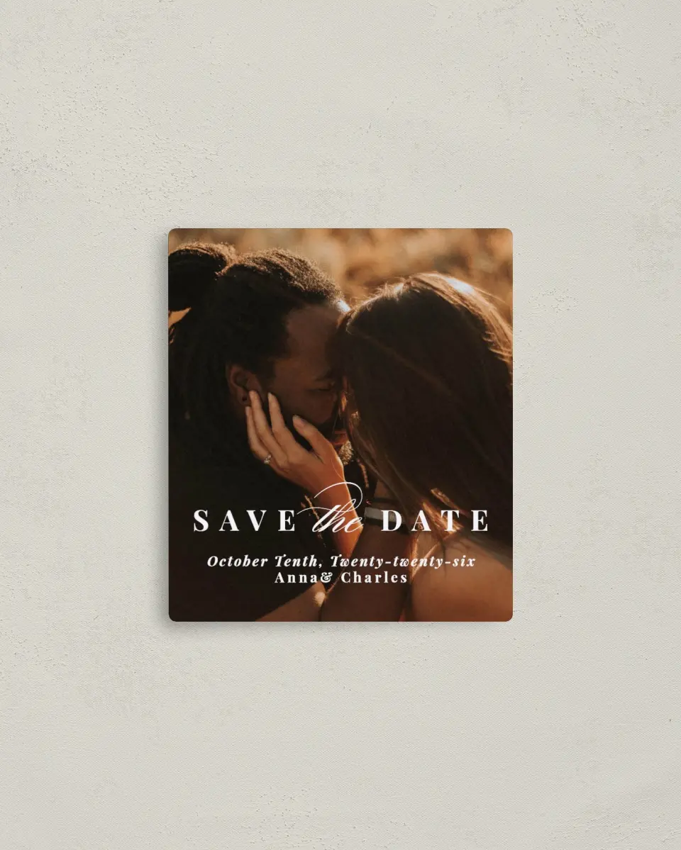 This is a 3½" x 4" Save the Date Magnet called Heavenly Bliss printed in full color with a Luxe Satin finish