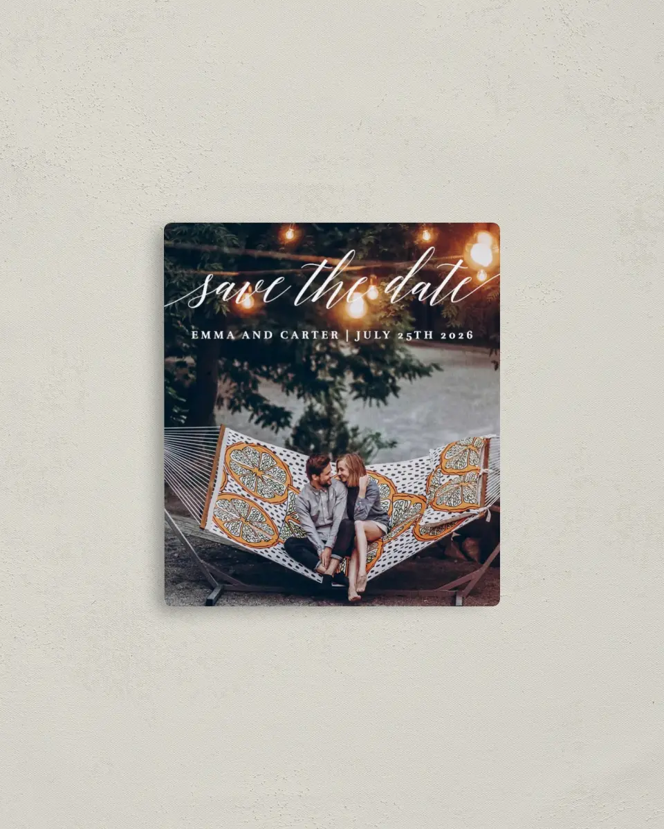 This is a 3½" x 4" Save the Date Magnet called Twinkling Lights printed in full color with a Luxe Satin finish