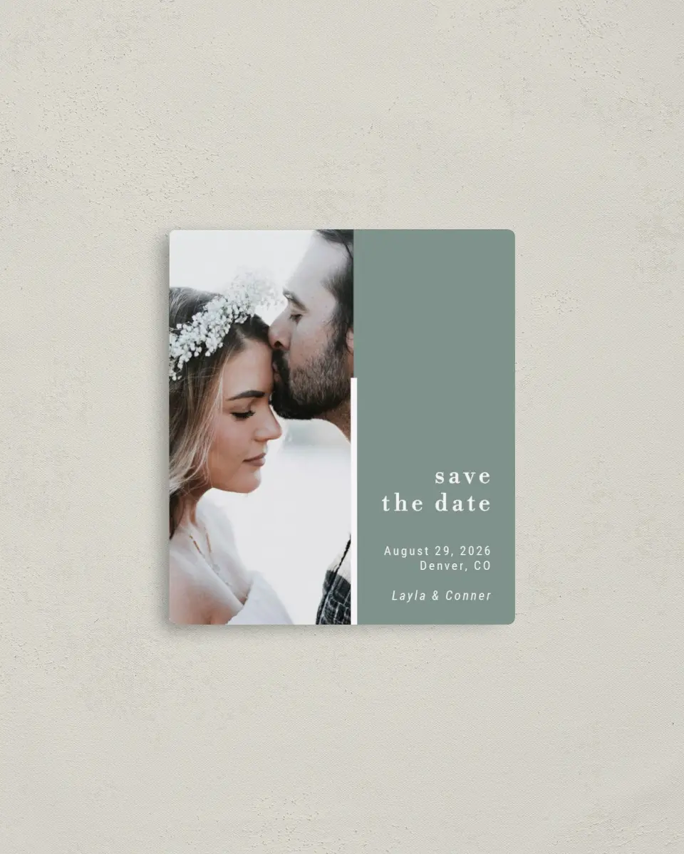 This is a 3½" x 4" Save the Date Magnet called Breathless printed in full color with Rose Gold foil and a Luxe Satin finish