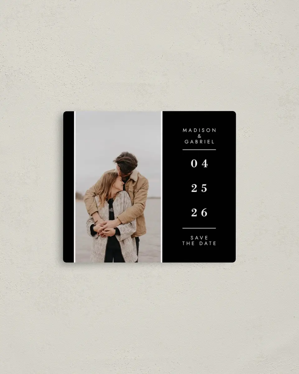 This is a 3½" x 4" Save the Date Magnet called Cozy Love printed in full color with a Luxe Satin finish