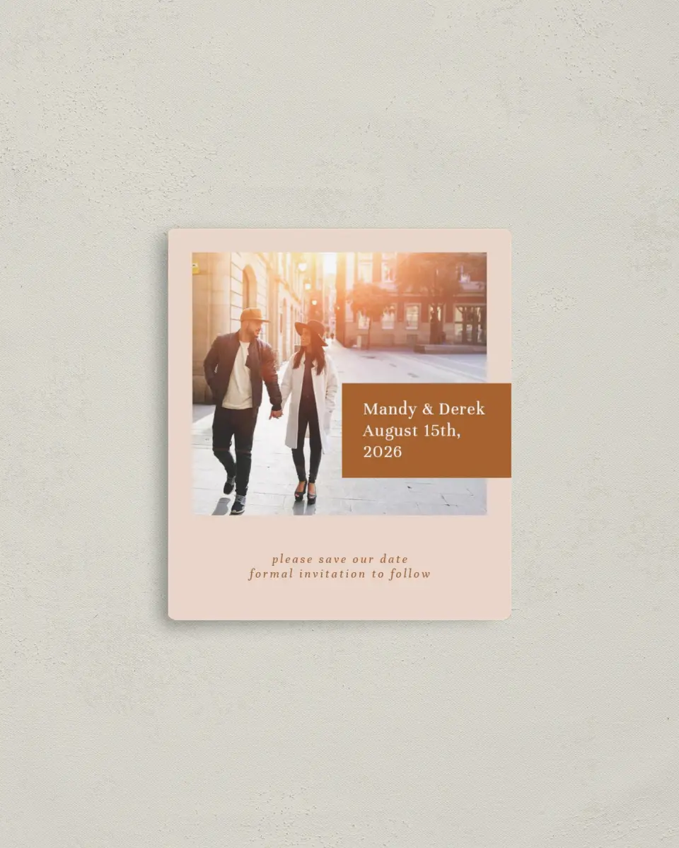 This is a 3½" x 4" Save the Date Magnet called Morning Sun printed in full color with a Luxe Satin finish