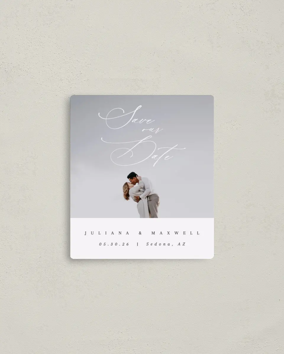 This is a 3½" x 4" Save the Date Magnet called Loveswept printed in full color with a Luxe Satin finish