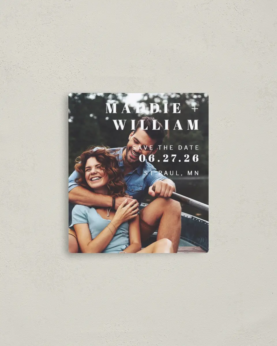 This is a 3½" x 4" Save the Date Magnet called Perfect Pair printed in full color with Rose Gold foil and a Luxe Satin finish
