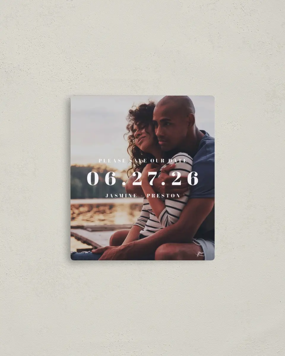This is a 3½" x 4" Save the Date Magnet called Bold Date printed in full color with a Luxe Satin finish