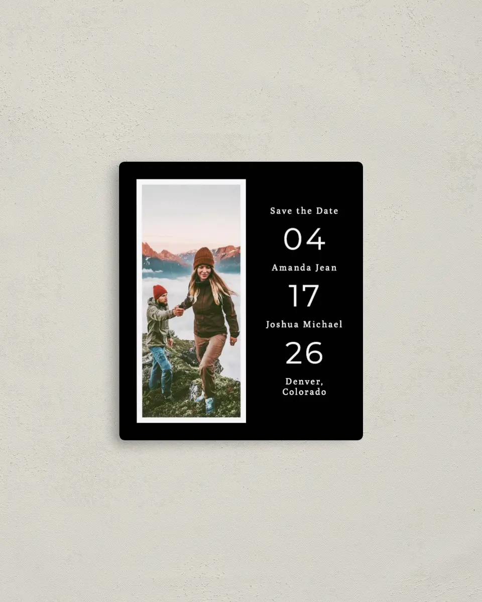 This is a 3½" x 4" Save the Date Magnet called Framed Vista printed in full color with a Luxe Satin finish